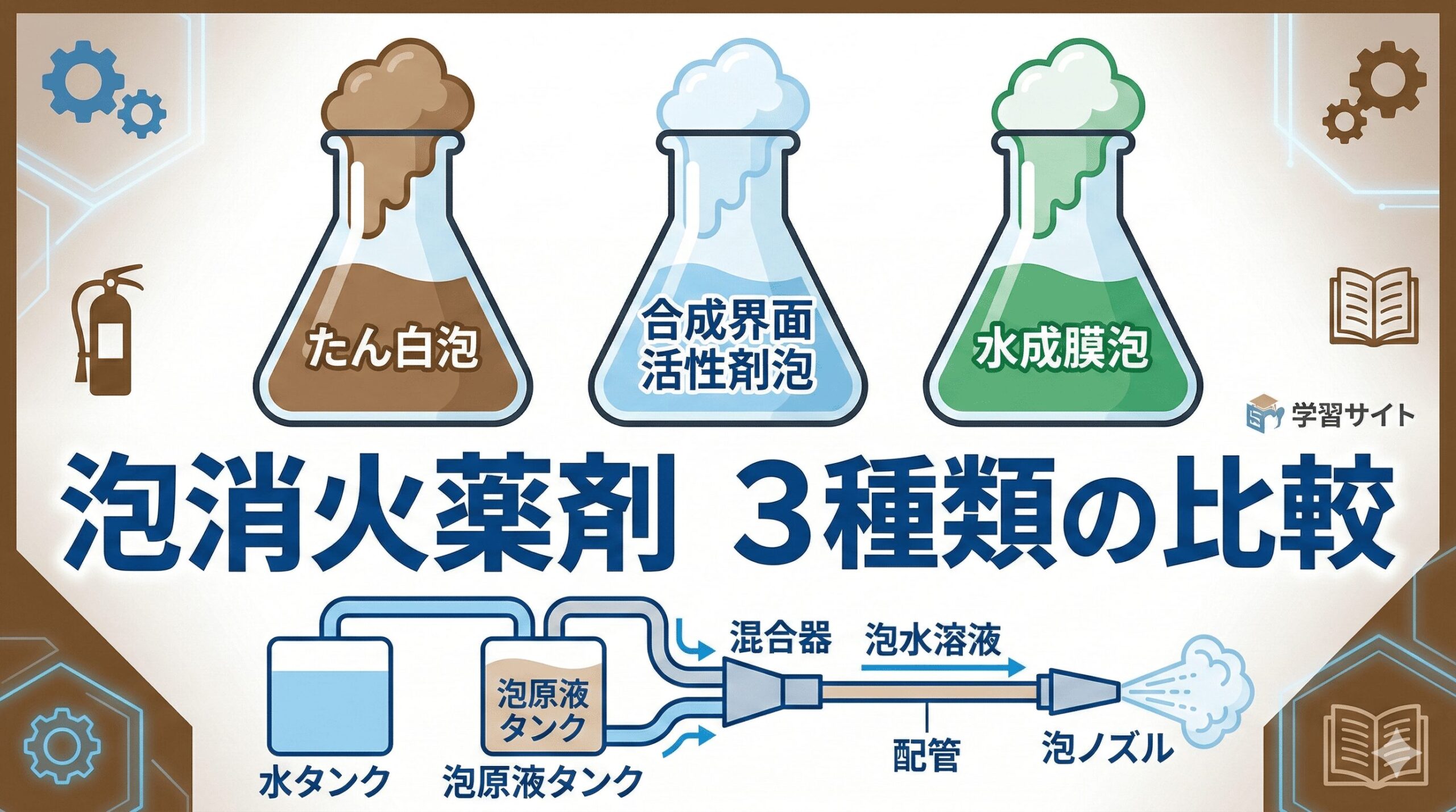 泡消火薬剤の3種類と性能基準|3%・6%型と25%還元時間 - 消防設備士への道