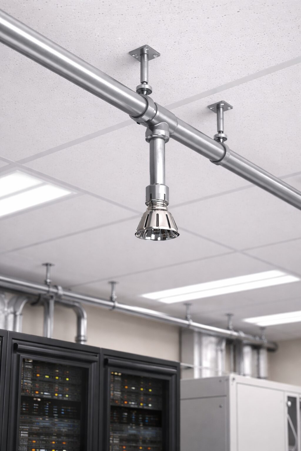 ガス系消火設備の噴射ヘッドと配管