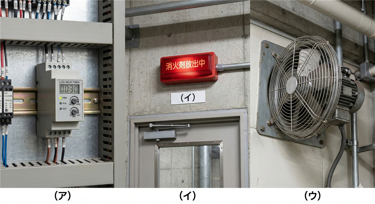 安全装置（ア：遅延装置、イ：放出表示灯、ウ：排出装置）