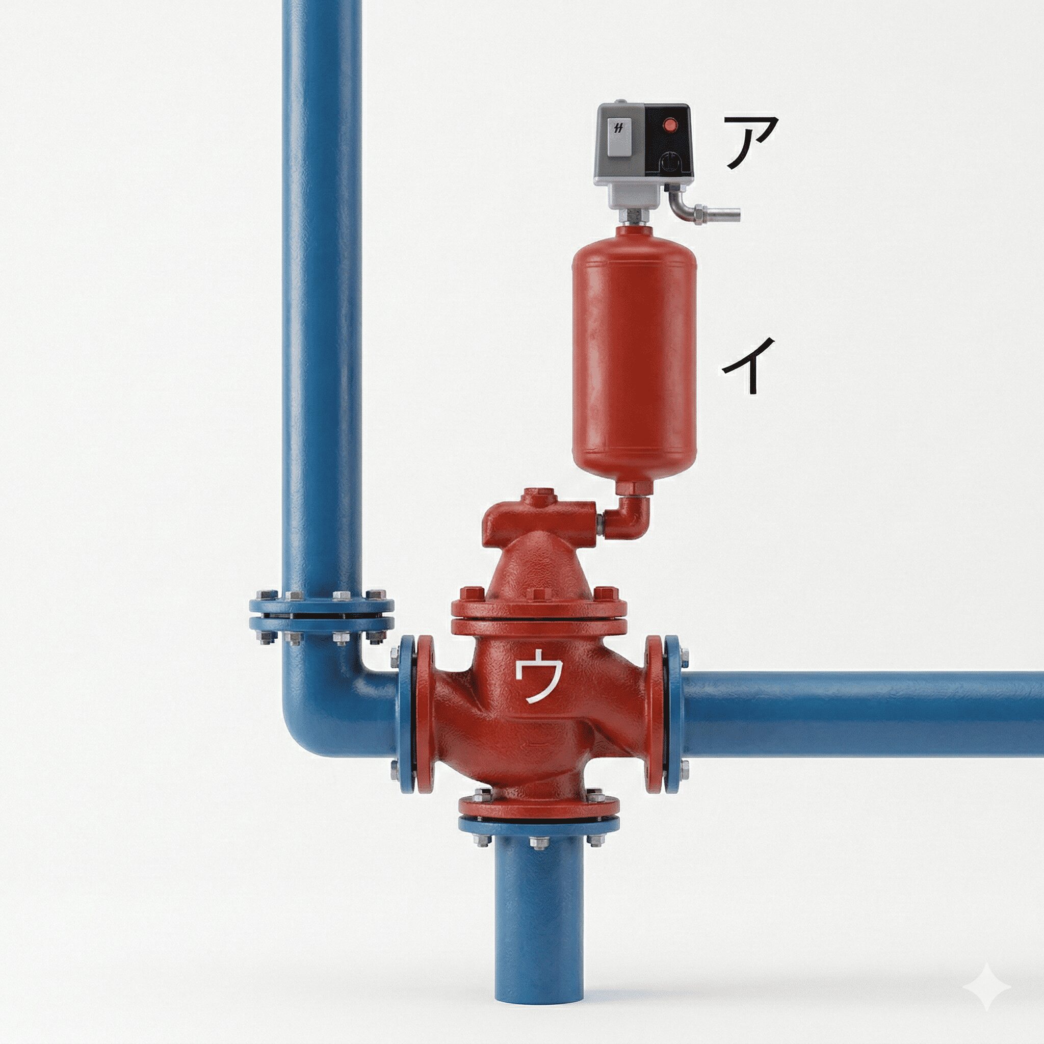 流水検知装置の構成部品 ア・イ・ウ