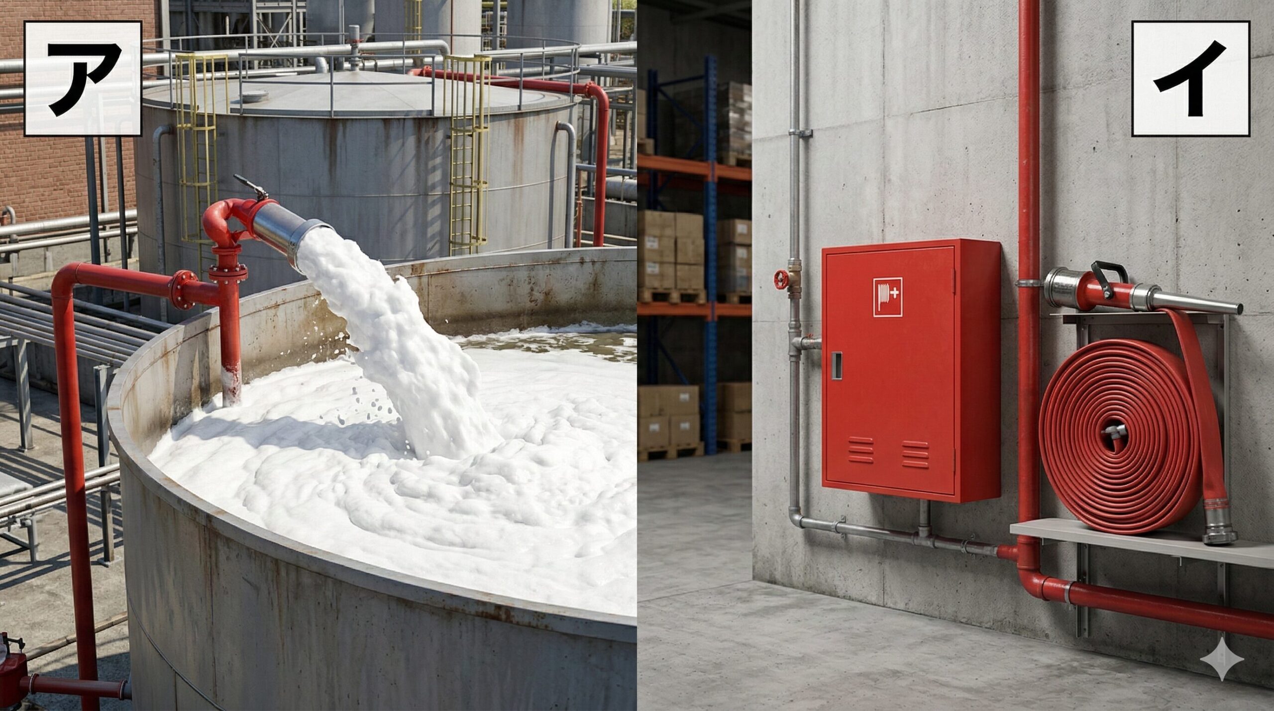 固定泡放出口（ア）と補助散水栓箱（イ）